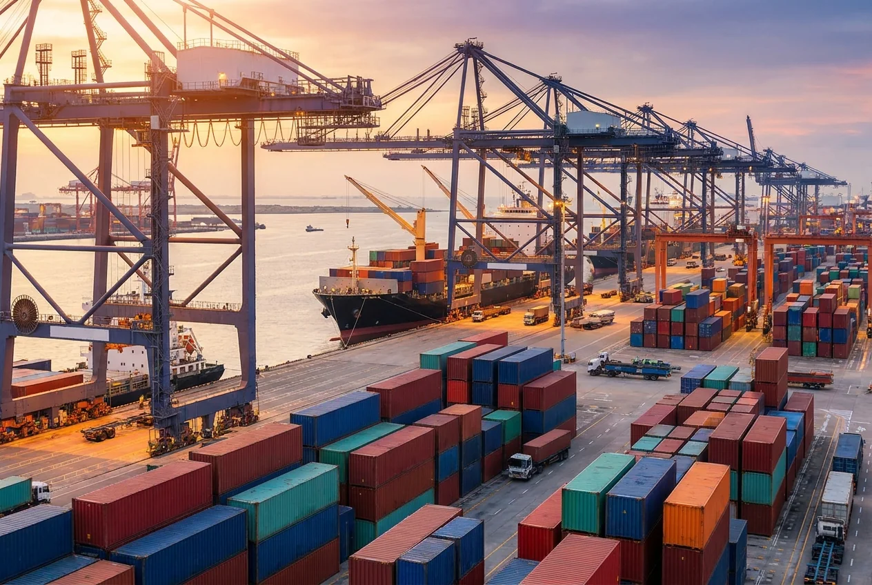 Export container port handling outbound freight