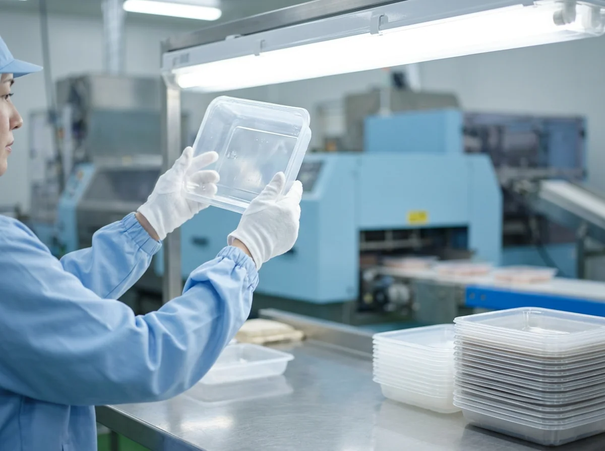 Operator inspecting food containers for quality