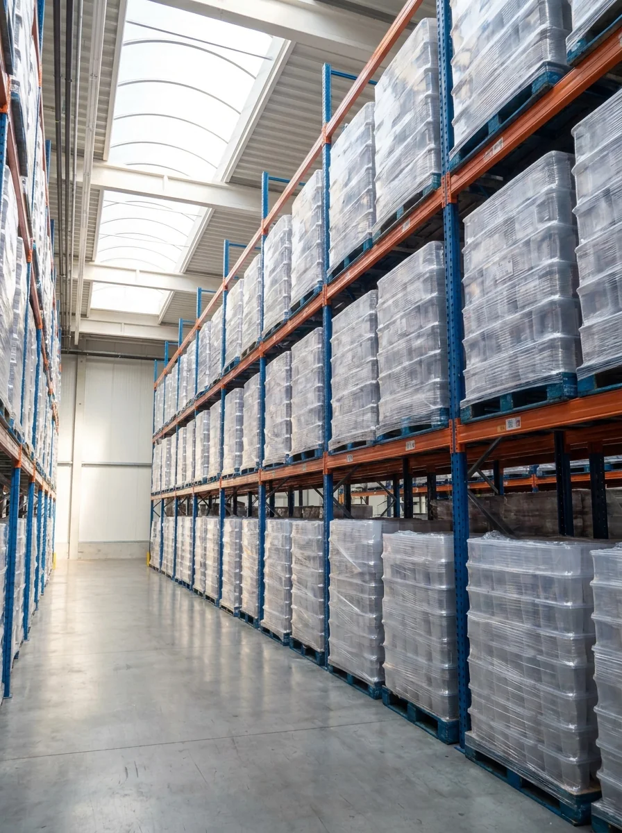 Finished food packaging stacked inside the Jooh Package warehouse