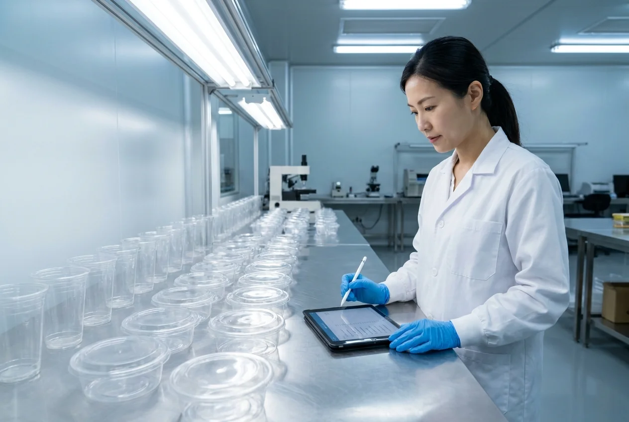 QC inspector reviewing AQL sampling rows of clear PET and PP food containers on a stainless inspection bench