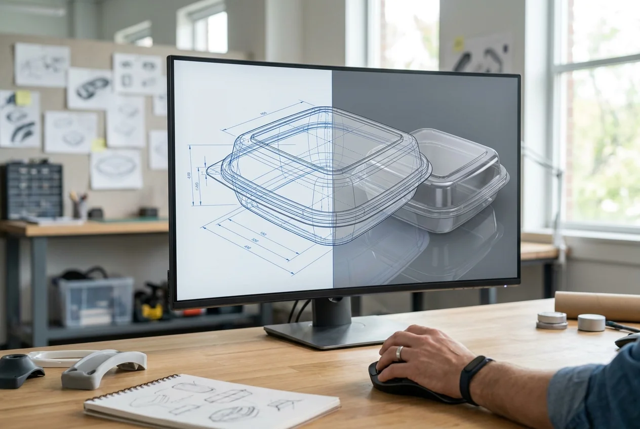 3D CAD rendering of a clear plastic food container on a designer's monitor before tooling