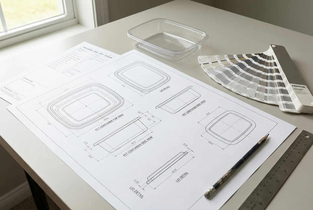 Packaging tech-pack with CAD drawings, sample container and Pantone fan on a designer's desk