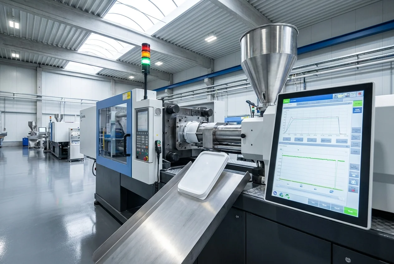 Injection molding press in operation