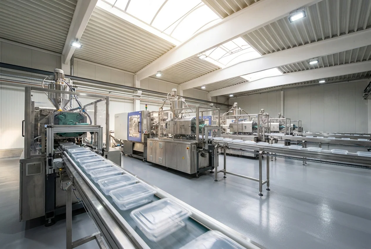 Bright modern food packaging factory mass production line running plastic containers
