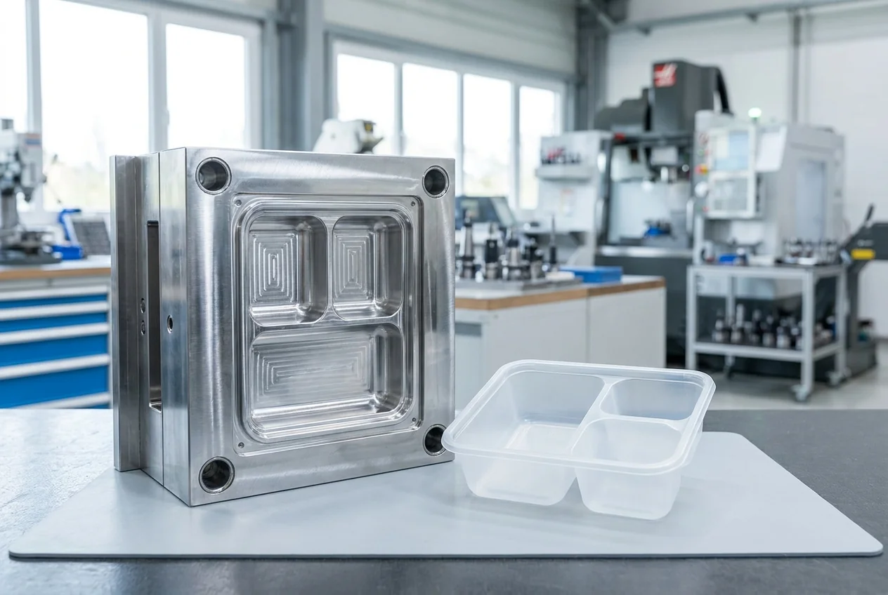 Freshly cut steel mold cavity next to its first translucent plastic sample container