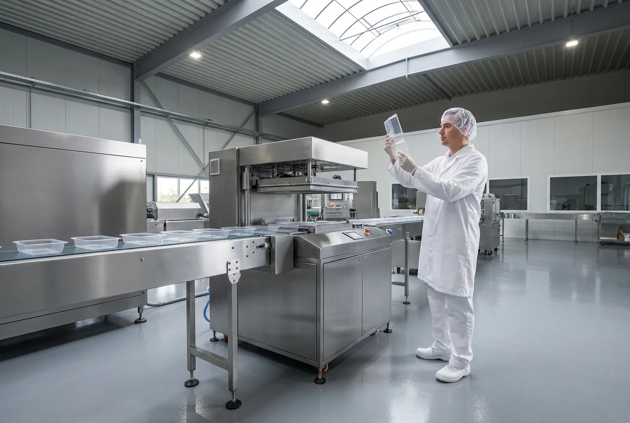 Technician inspecting a freshly molded clear plastic tray during a small pilot production run