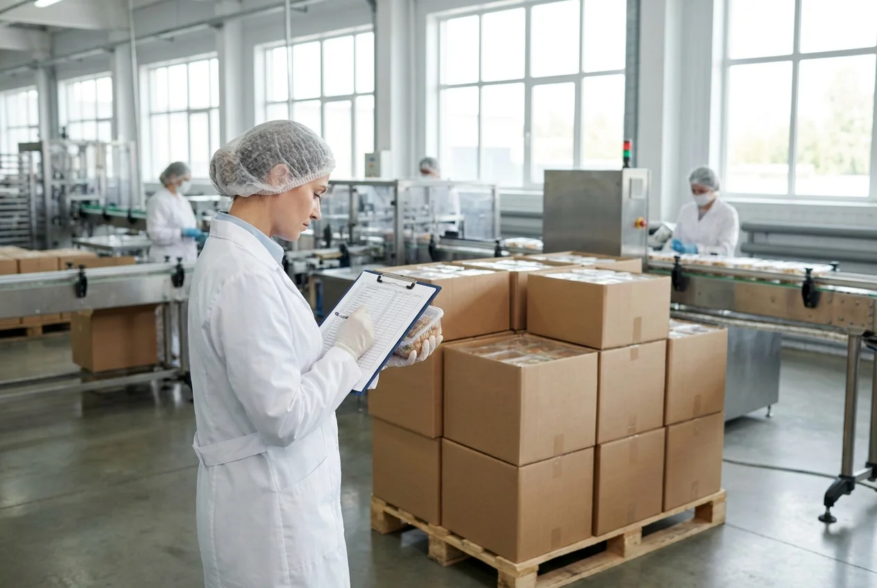 QC inspector checking a finished container with cartons ready for export on a pallet