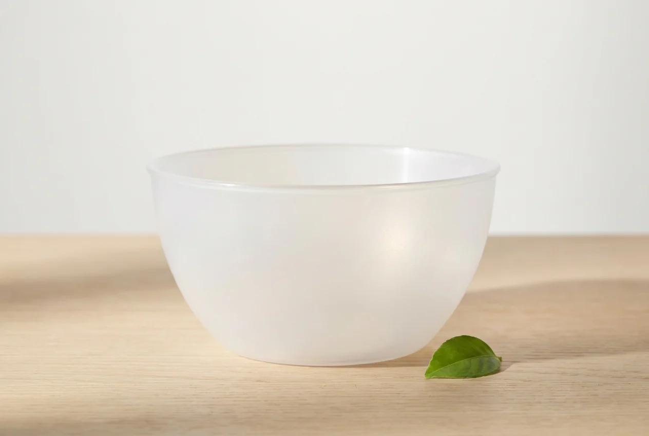 Frosted translucent PLA bioplastic bowl with a fresh green leaf accent