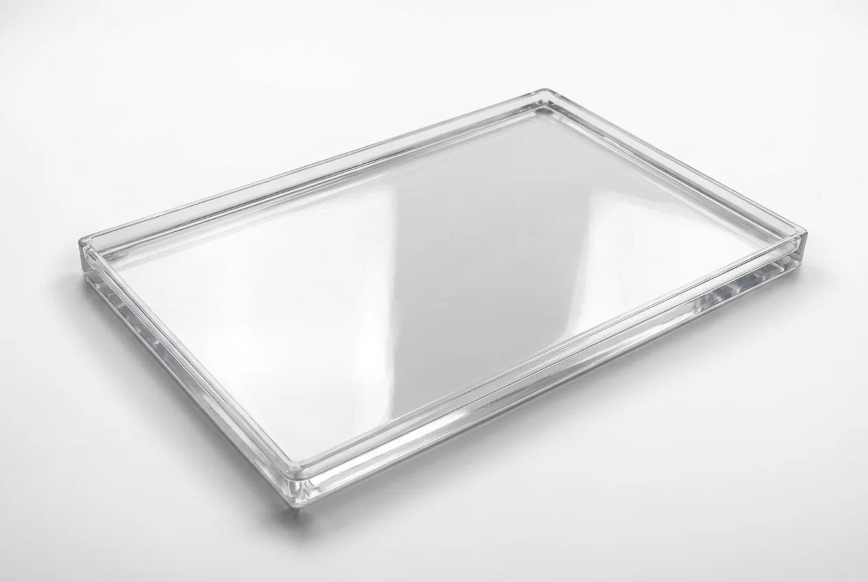 Rigid clear polystyrene fresh-meat display tray, smooth glossy hard plastic